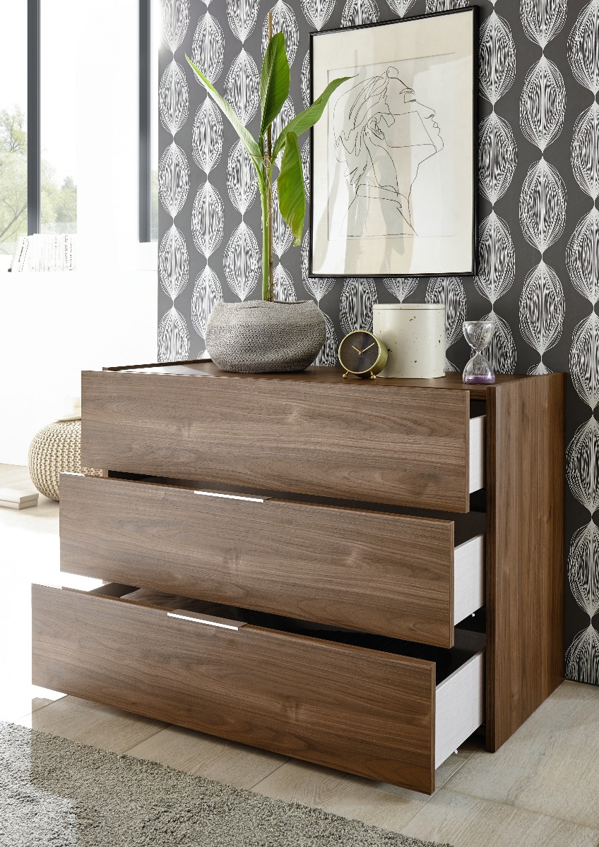 Comò moderno conveniente a 3 cassetti, finitura Noce Scuro