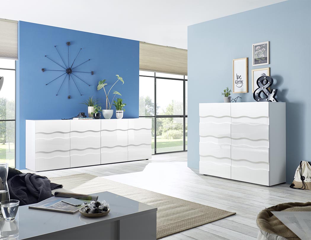 Sala moderna, composta da 2 Madie onda a 2 e 4 ante, Bianco lucido