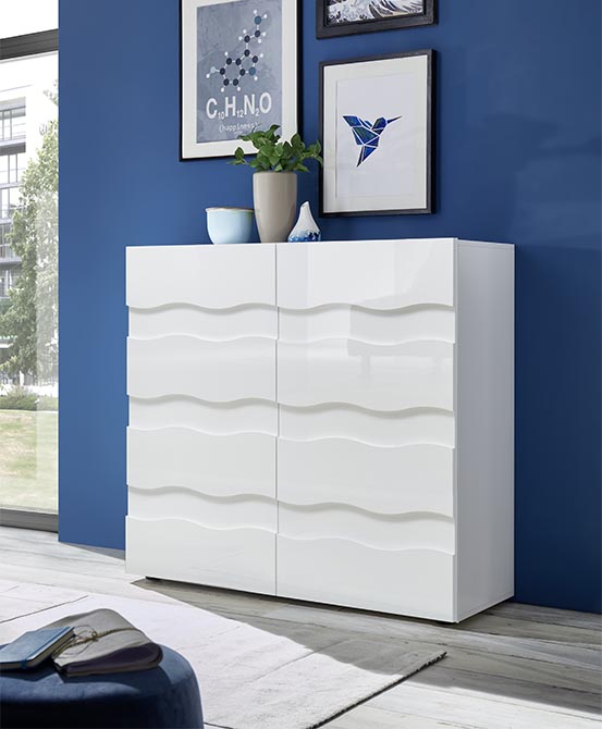 Credenza  Madia contenitore onda a 2 ante, finitura bianco lucido, design moderno