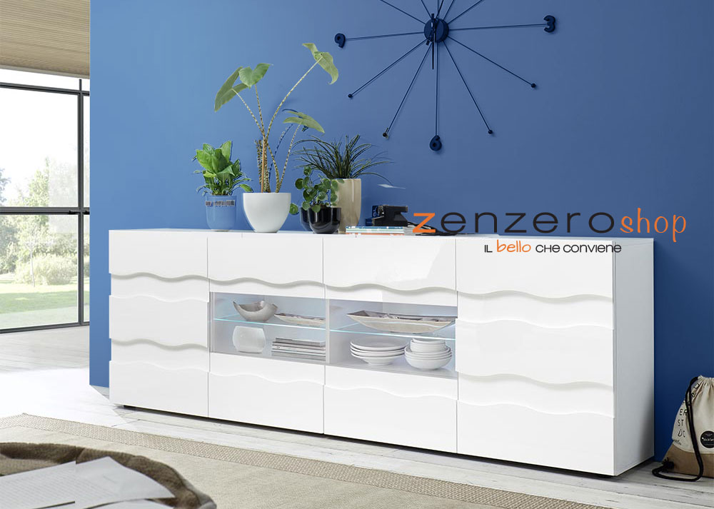 Credenza Madia onda a 2 ante 4 cassetti, finitura bianco lucido, design moderno