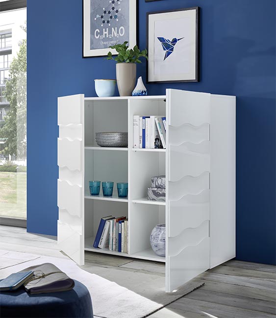 Credenza  Madia contenitore onda a 2 ante, finitura bianco lucido, design moderno