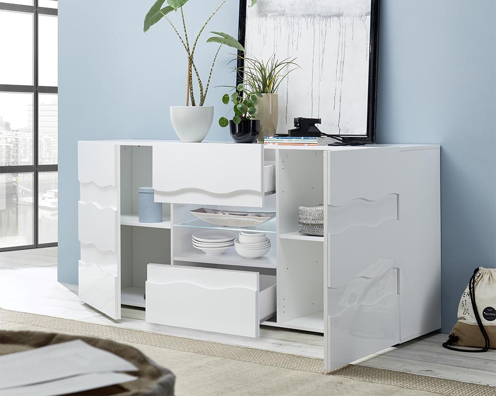 Madia onda a 2 ante 2 cassetti, finitura bianco lucido, design moderno