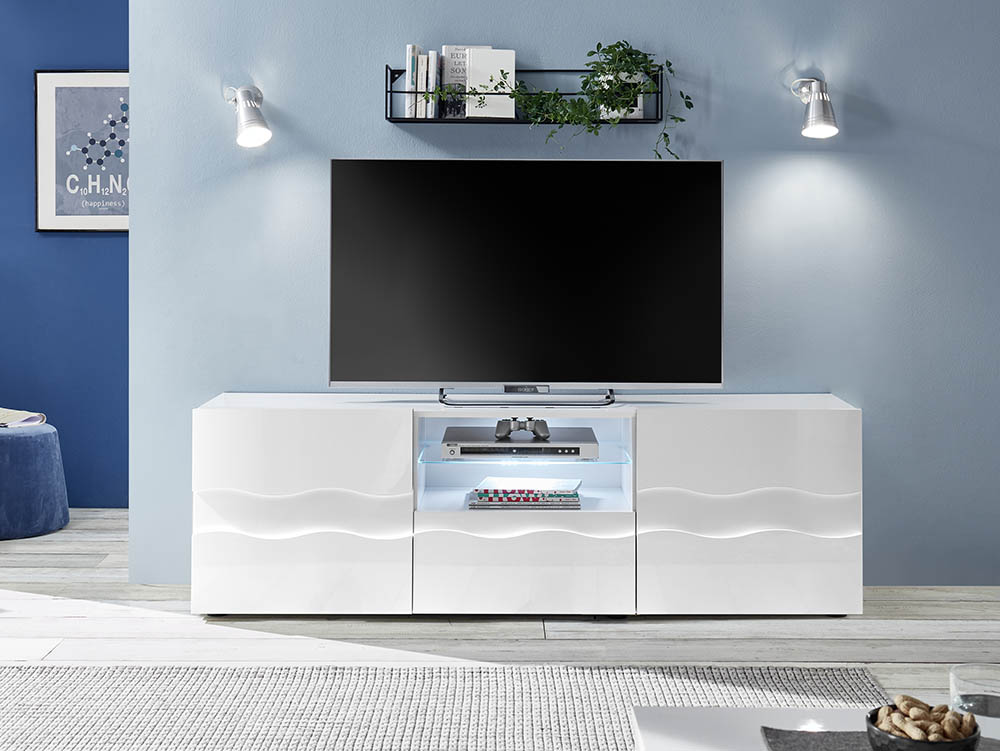 Porta TV onda 2 ante 1 cassetto, finitura bianco lucido, design moderno