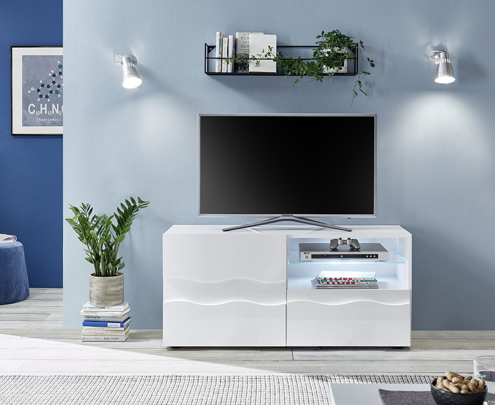 Porta TV onda 1 anta 1 cassetto, finitura bianco lucido, design moderno