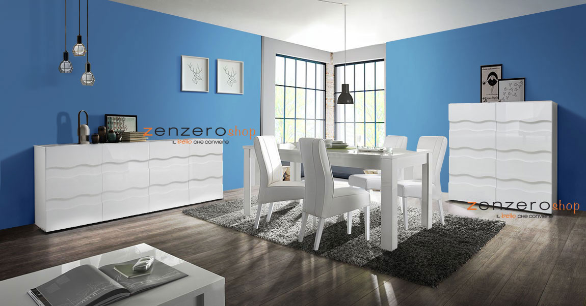 Soggiorno moderno completo di Tavolo Bianco lucido e 2 Madie Onda