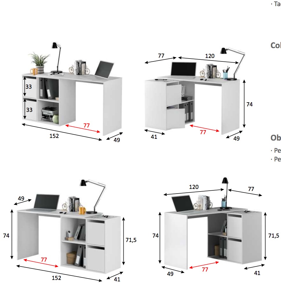 Scrivanie moderne con cassetti, pluriposizionabile, bianco artik