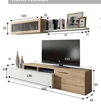Parete attrezzata, bianco lucido e rovere, con porta tv, mensola e pensile
