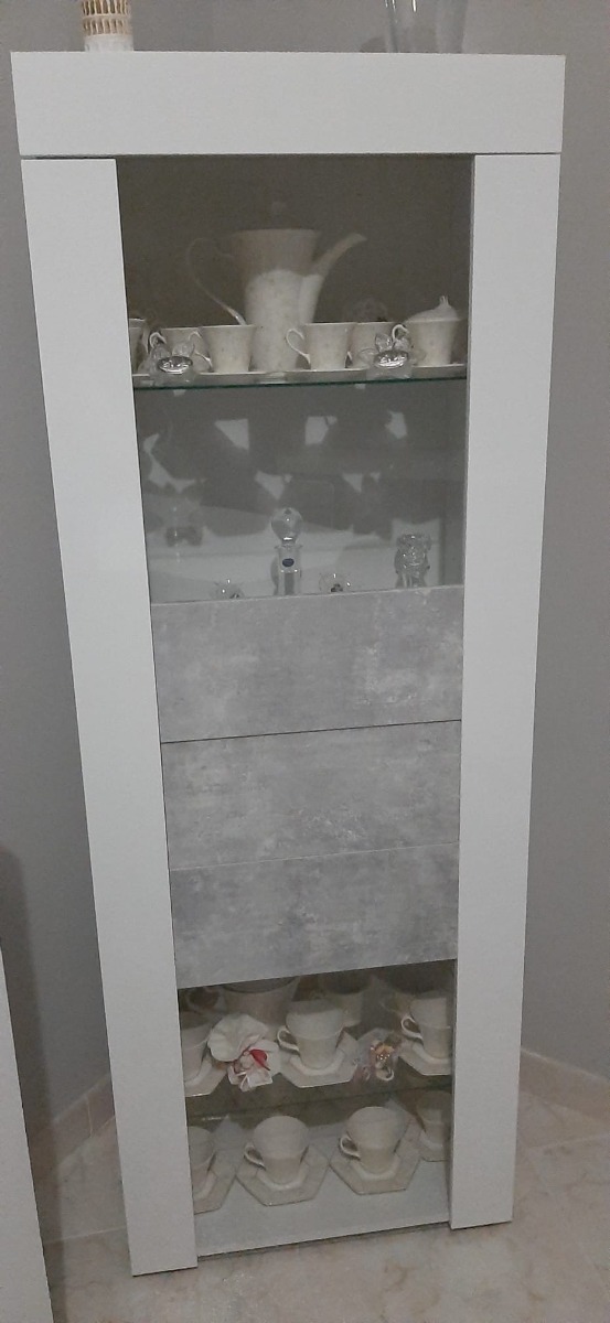 Vetrina stretta ad un anta Bianco Lucido e Beton