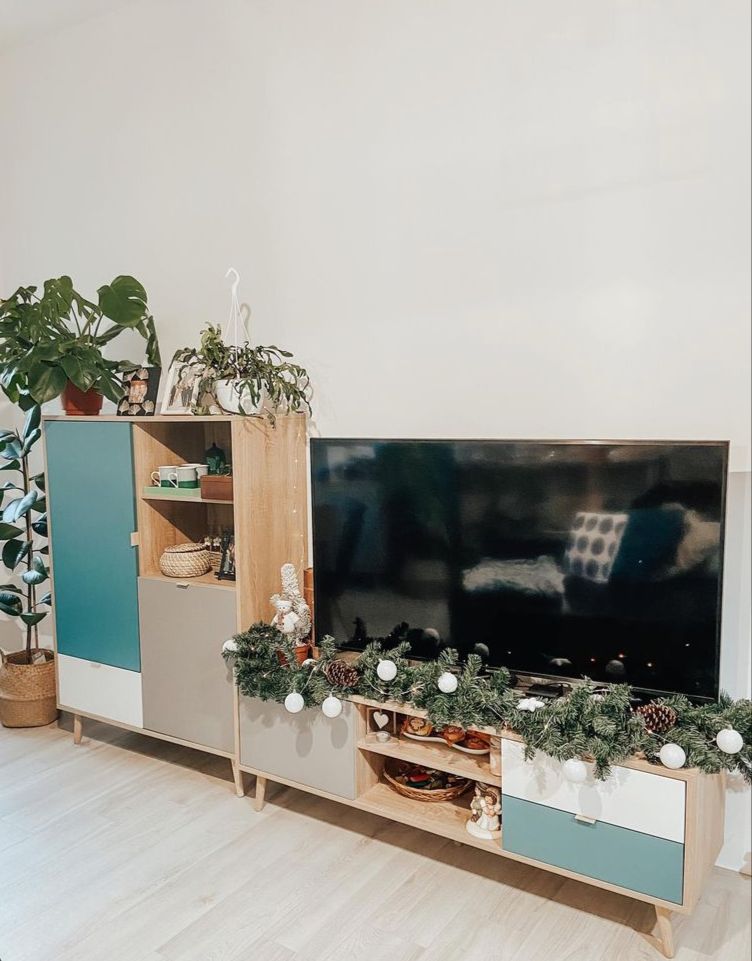 Porta tv lavik stile nordico, finitura quercia, petrolio, grigio e bianco