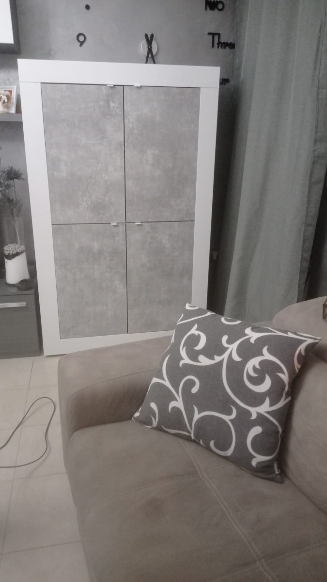 Madia Credenza Moderna, Madia di Design, 4 ante Alta, Bianco Lucido e Cemento