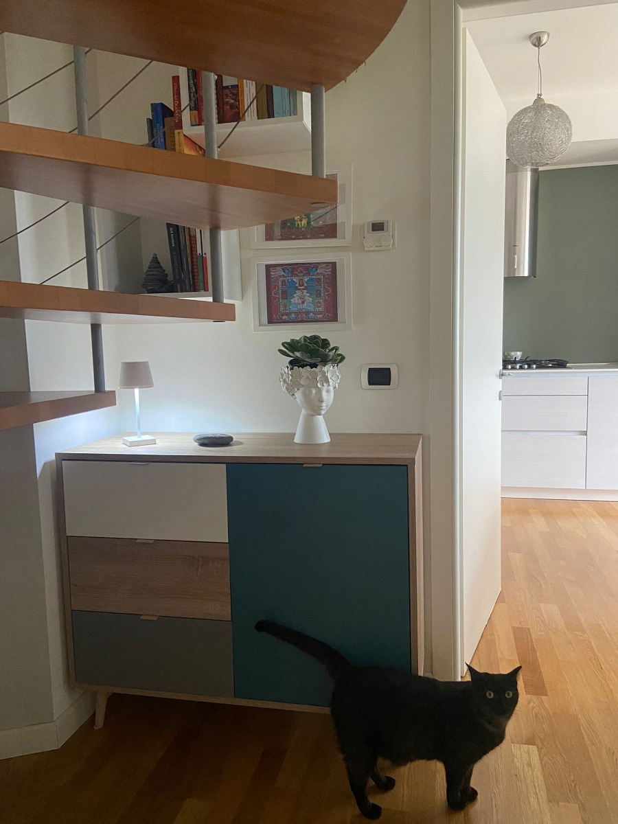 Credenza Madia di design con gambe in legno, 1 anta 3 cassetti, finitura Quercia, Bianca, Petrolio e Grigia