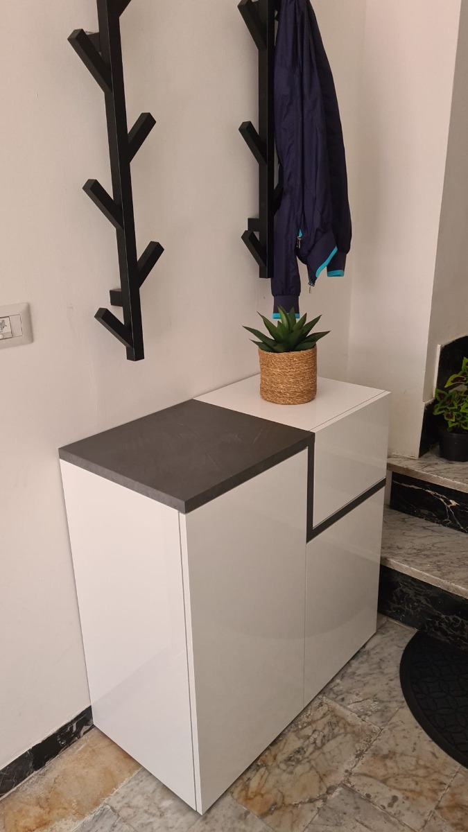 Moderna Scarpiera 2 ante, 1 anta ribalta bianco lucido ardesia, made in Italy