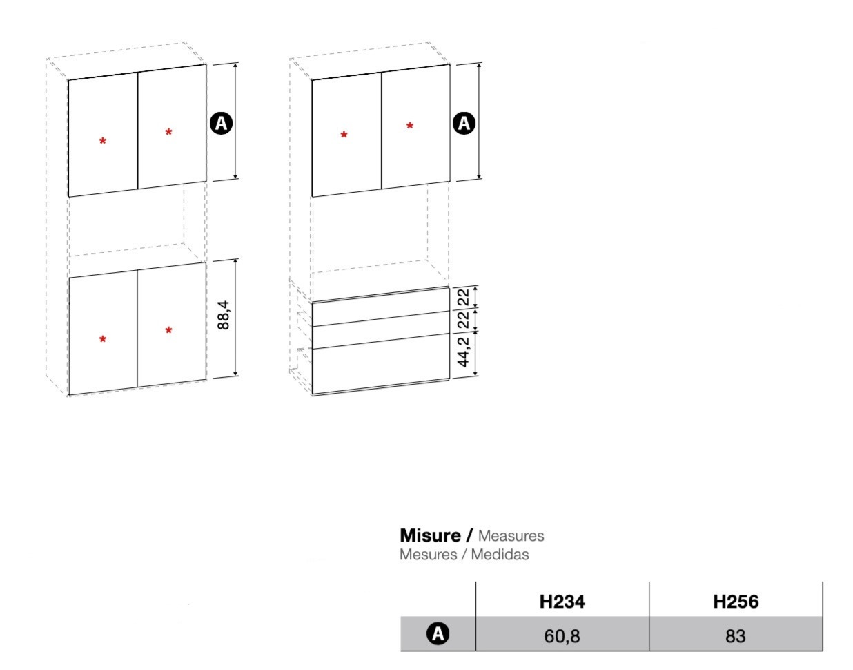Armadio con vano Tv, 6 ante battenti e 3 cassetti in Grigio seta e Noce moro