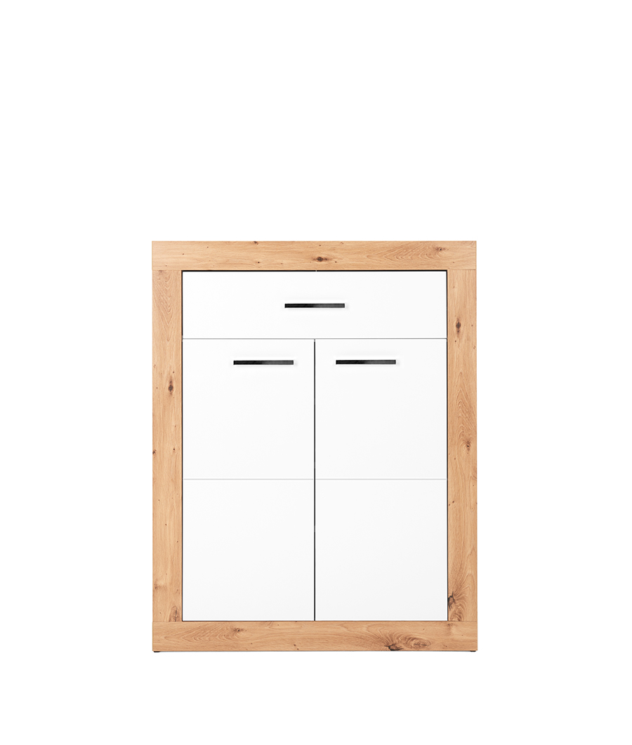 Scarpiera moderna, 2 ante 1 cassetto, in finitura bianco lucido e artisan oak