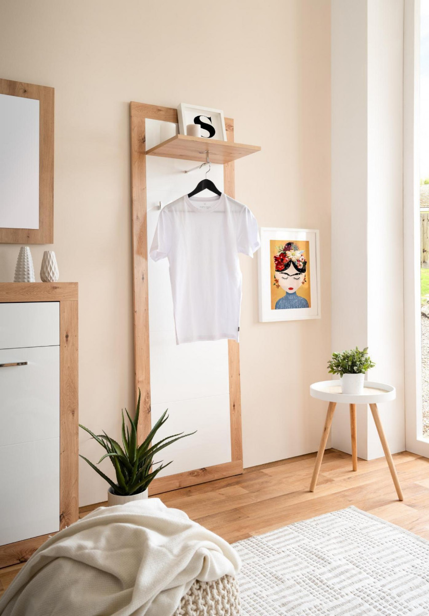 Appendiabiti da ingresso, finitura bianco lucido e quercia