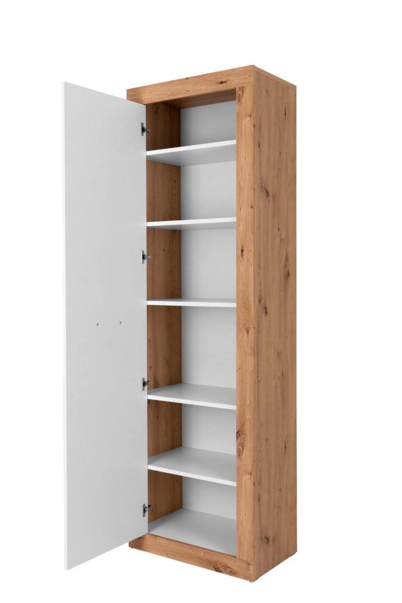 Armadio multiuso 1 anta con 5 ripiani, finitura bianco lucido e quercia