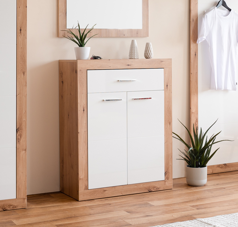 Scarpiera moderna, 2 ante 1 cassetto, in finitura bianco lucido e artisan oak