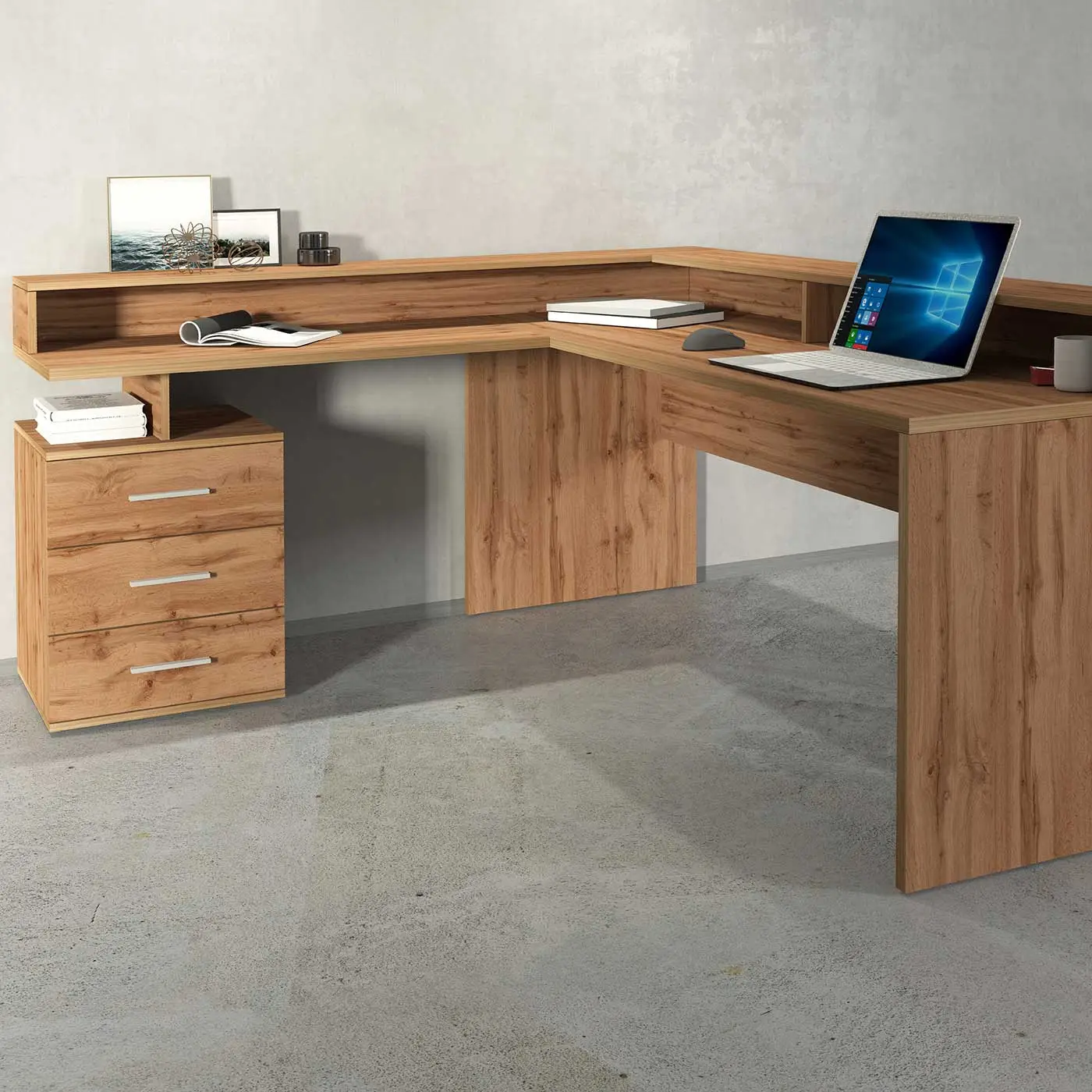 Scrivania angolare con sopralzo, 160x75x60 h cm, Rovere wotan