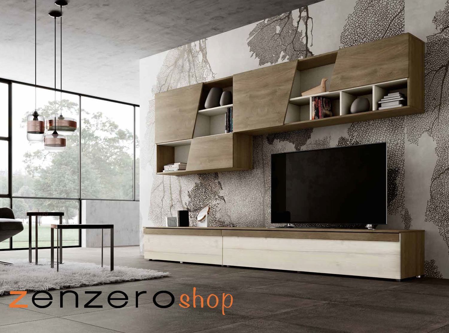 Parete attrezzata di qualità, finitura Legno Bruciato e Rovere sbiancato