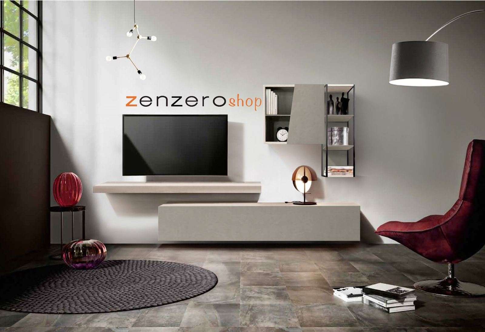 Parete attrezzata moderna finitura Argilla e Rovere Sbiancato