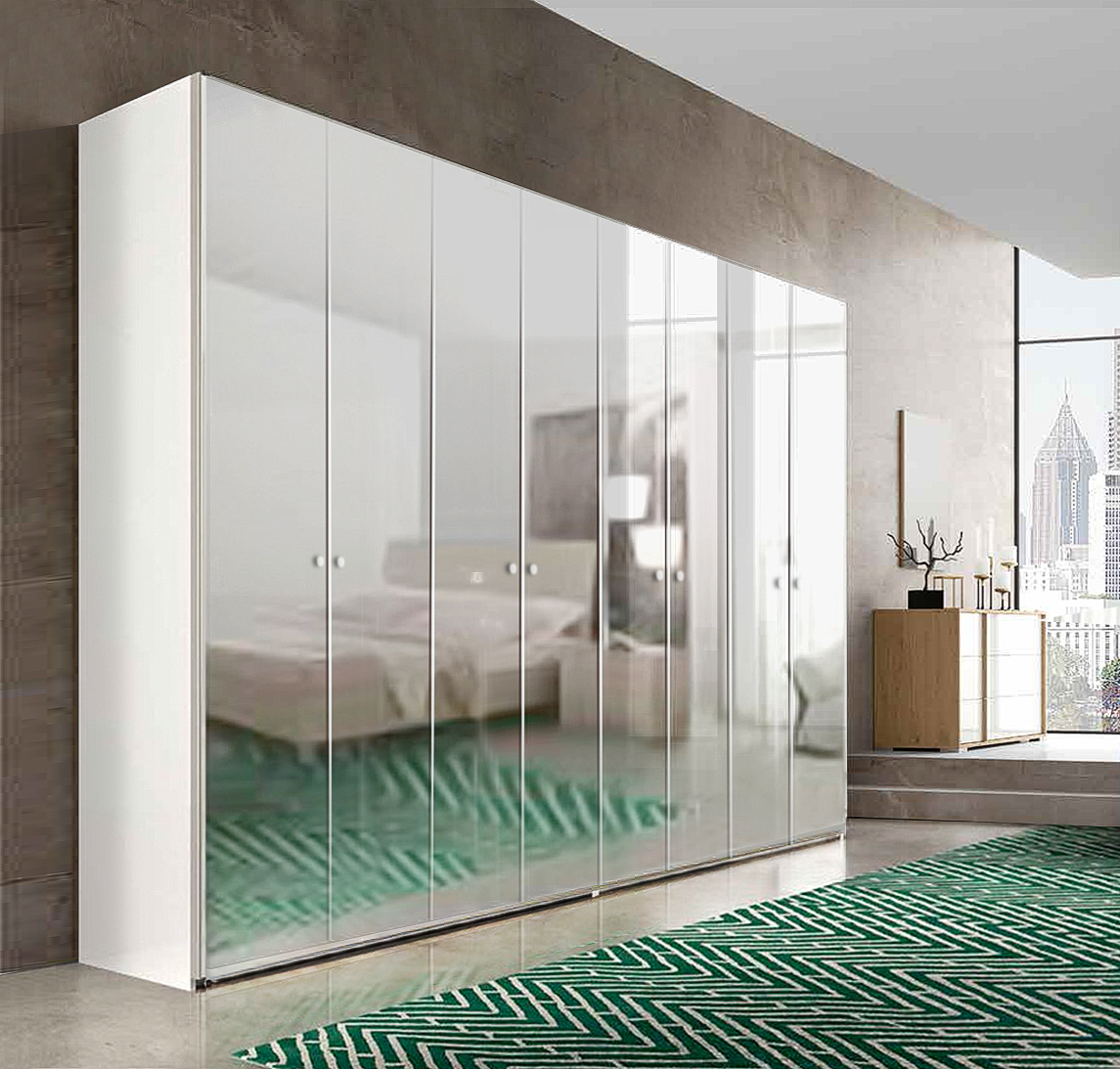 Armadio con 8 ante specchio, L. 365, design moderno