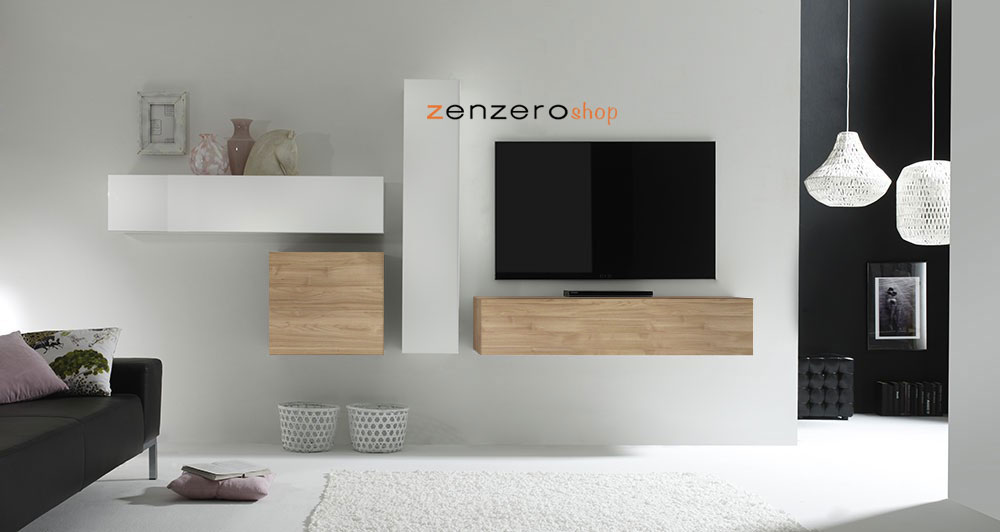 Parete attrezzata moderna di design, Noce Stelvio e Laccato Bianco Lucido - 321x169 cm