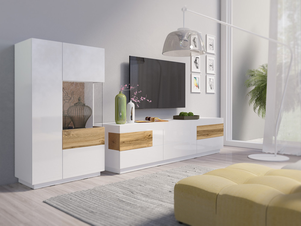 Zona giorno composta da da porta TV e vetrina, bianco e rovere naturale