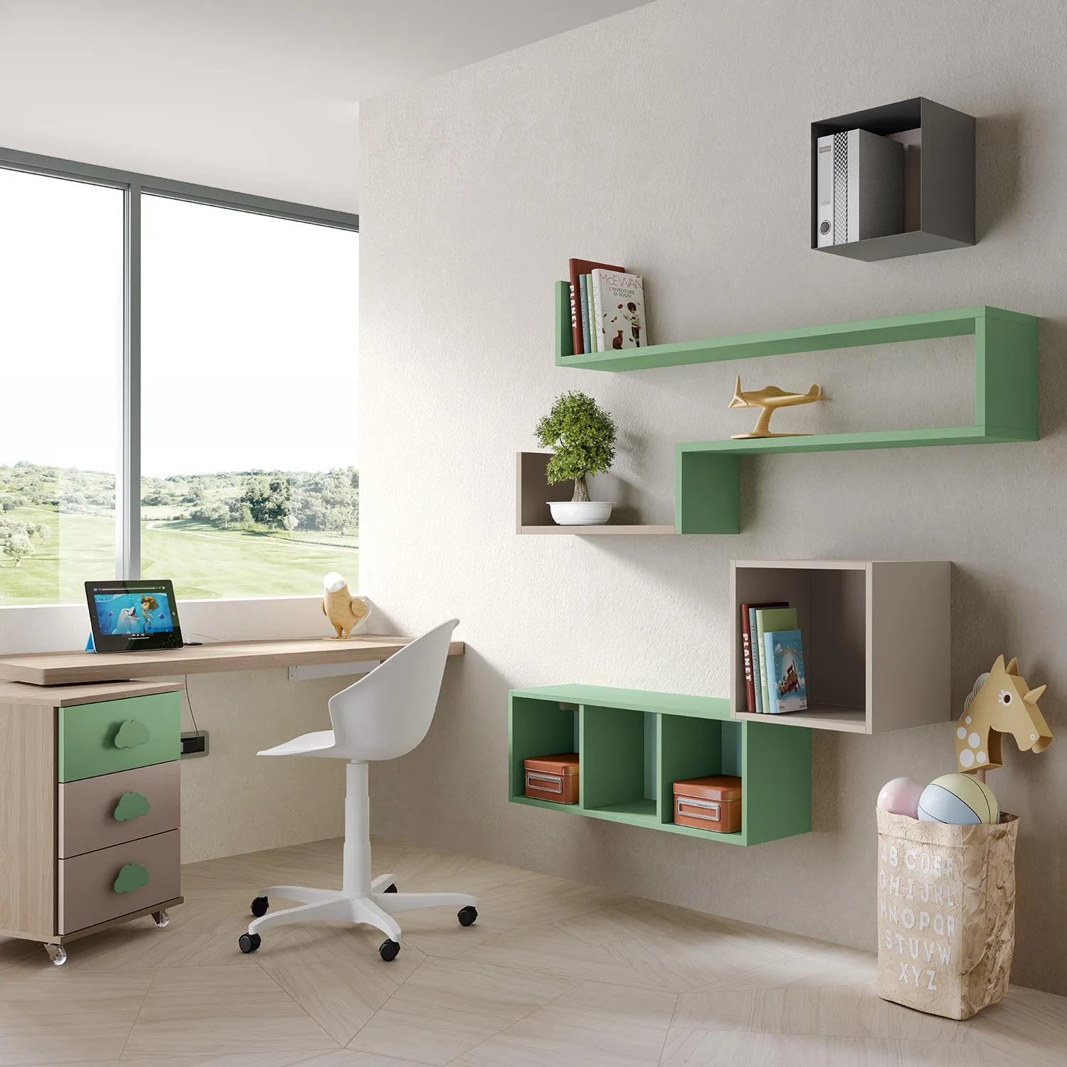 zona studio con mensole e cassettiera