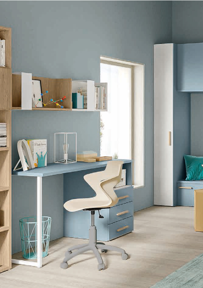 Zona studio moderna camerette, finitura Cadaques, Royal oak e Cemento artico