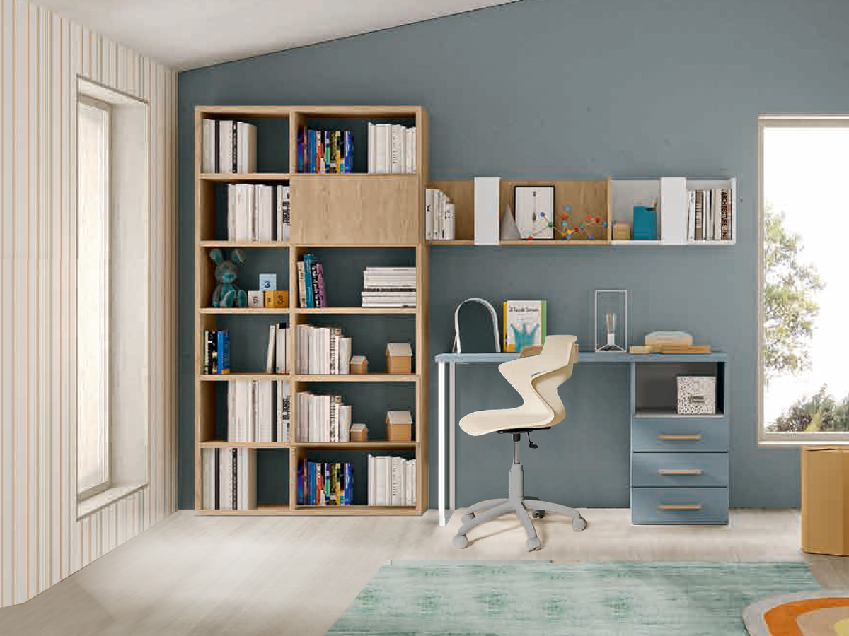 Zona studio moderna camerette, finitura Cadaques, Royal oak e Cemento artico