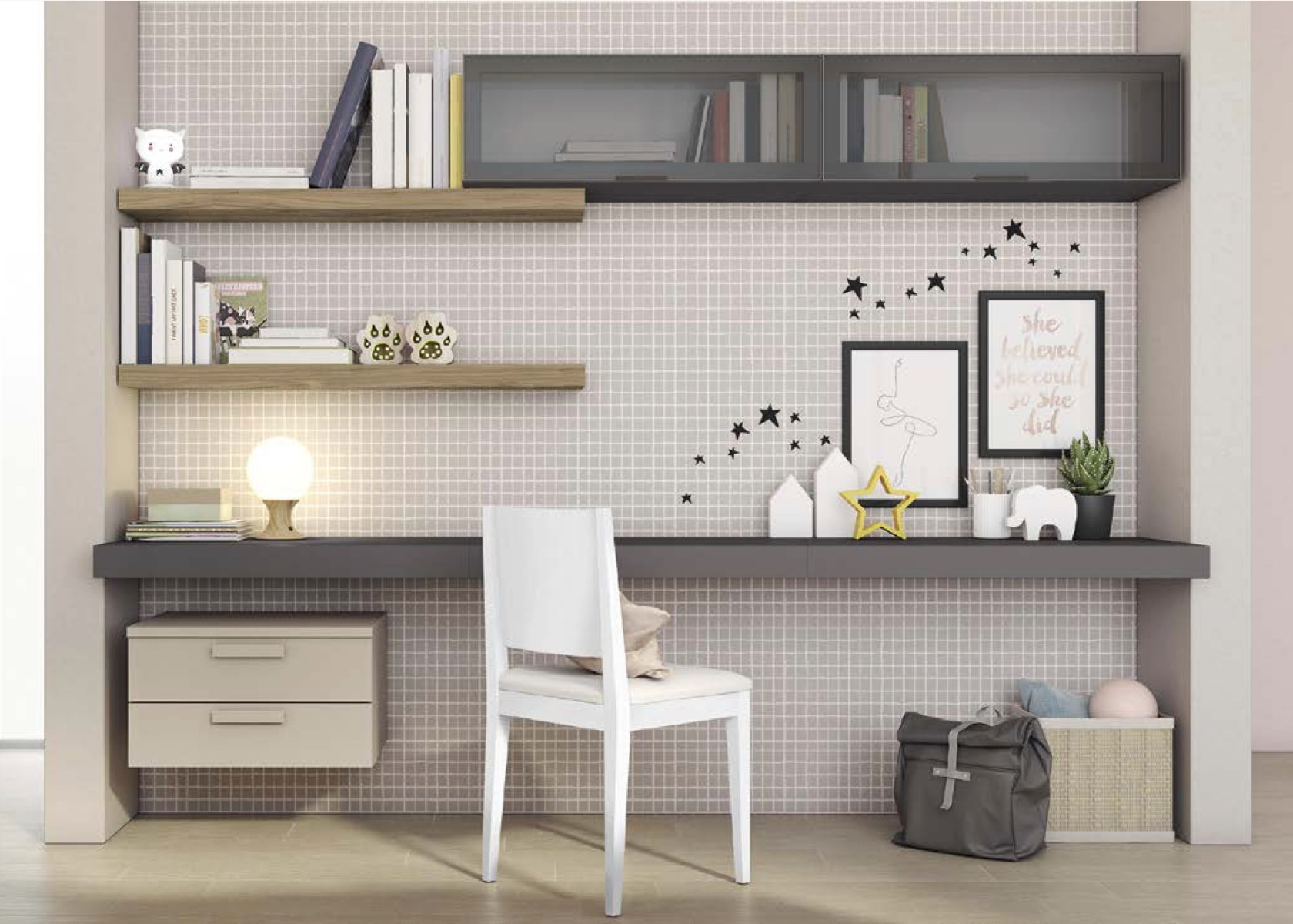 Zona studio con pensili e mensole, finitura Canapa, Noce Gold e Grigio titanio