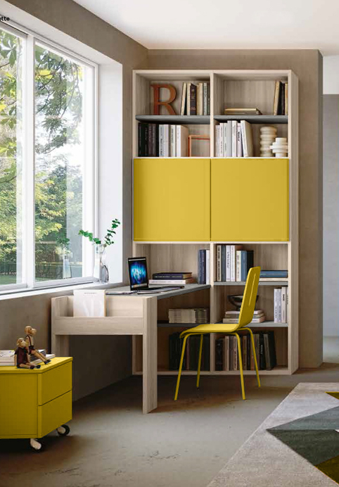 Zona studio per camerette, finitura Grigio cenere, Olmo e Giallo cedro