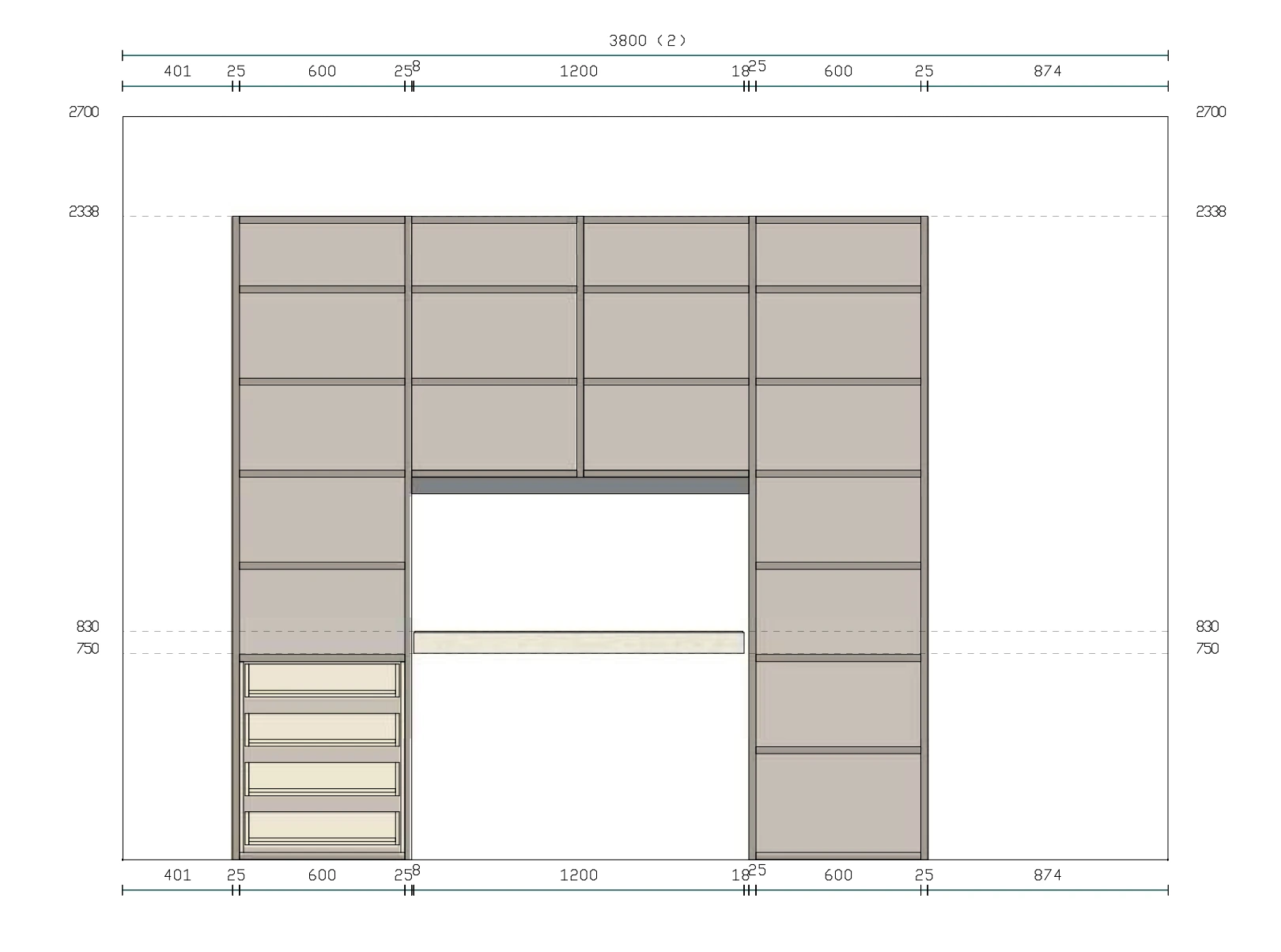 Zona studio ragazzi, finitura Visone, L.250