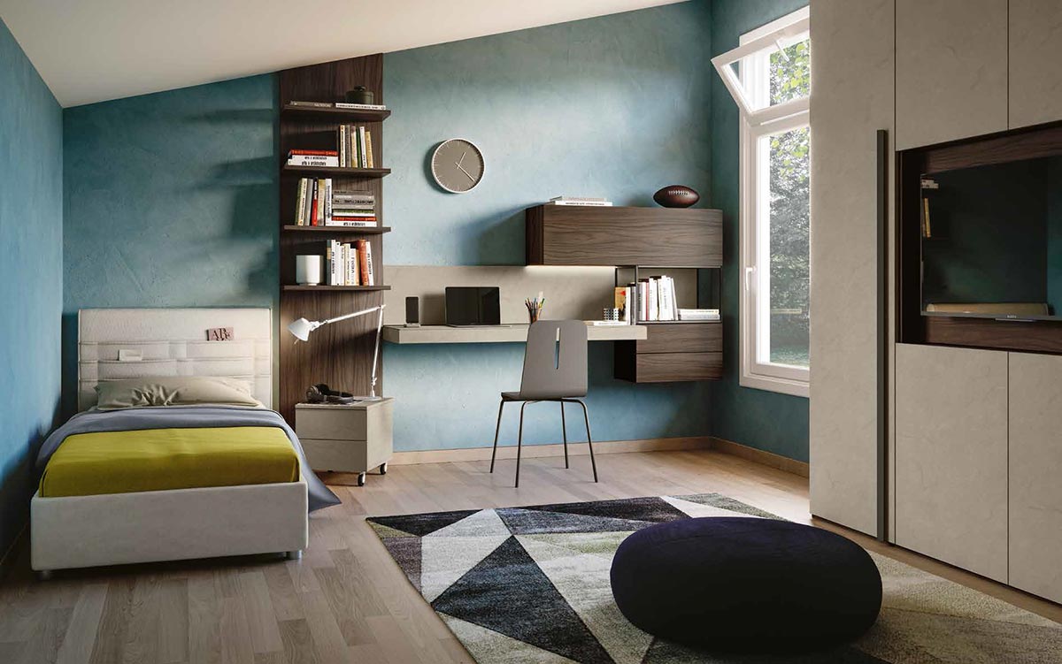 Zona studio camerette, finitura Argilla e Noce moro