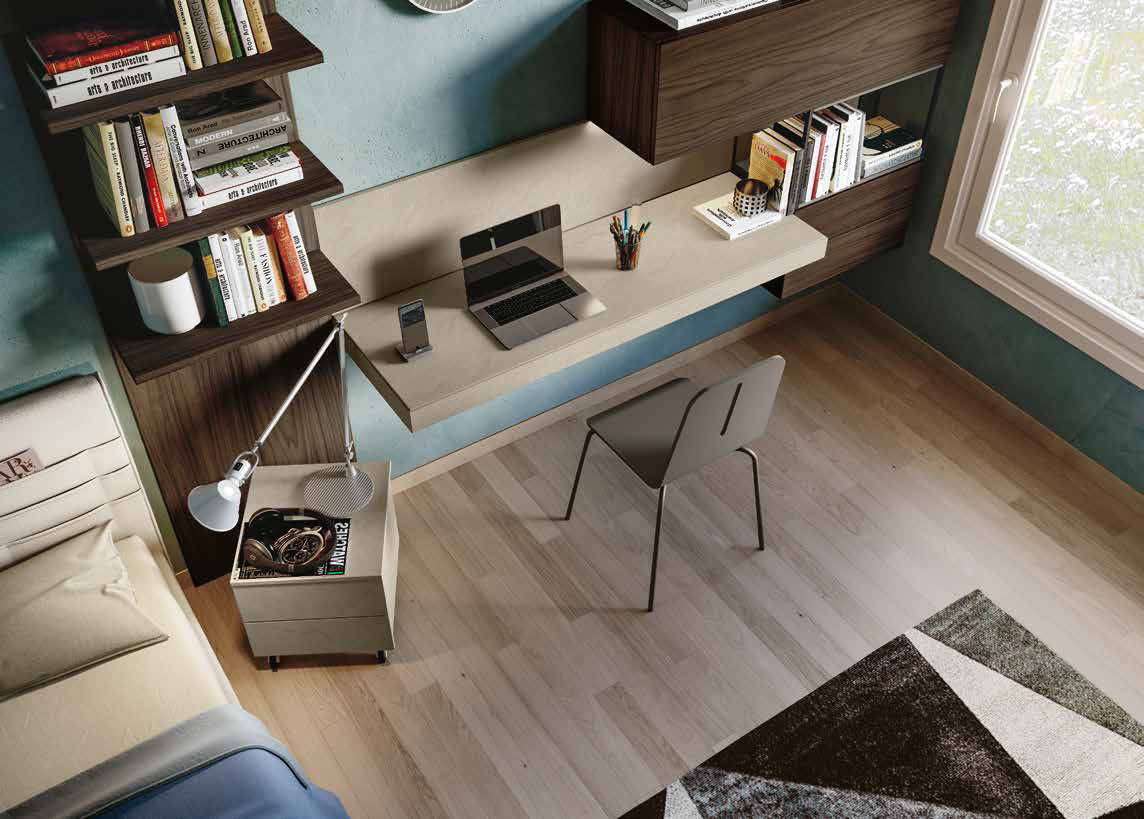 Zona studio camerette, finitura Argilla e Noce moro