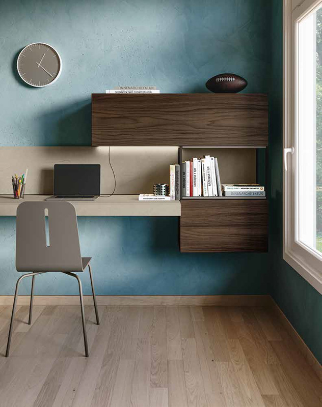 Zona studio camerette, finitura Argilla e Noce moro