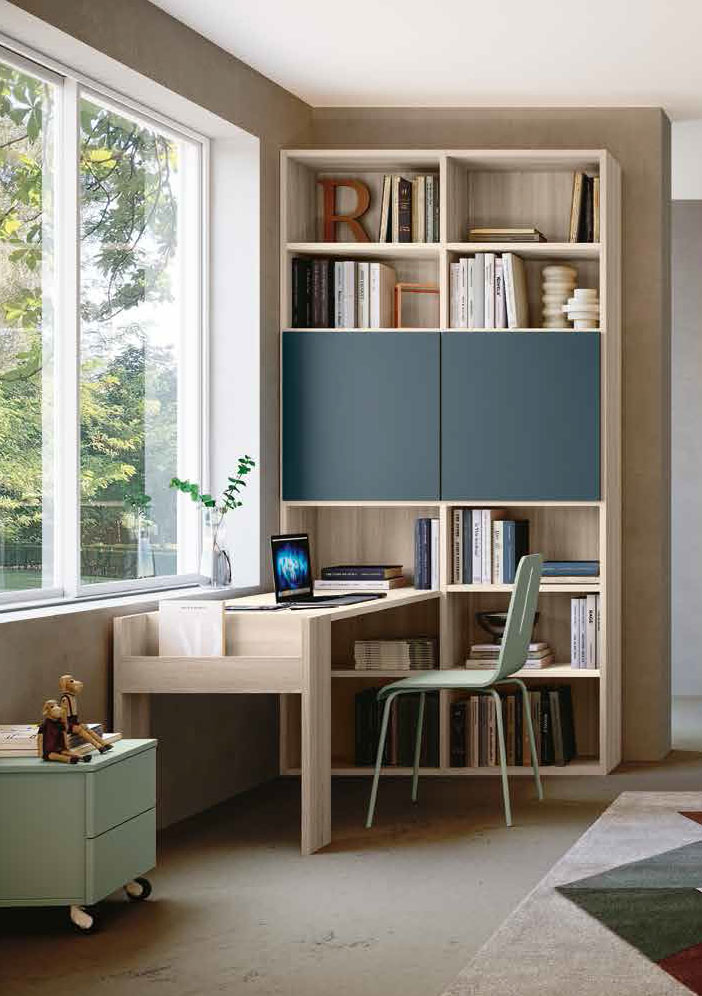 Zona studio moderna con libreria e scrivania finitura Petrolio, Orzo e Olmo 