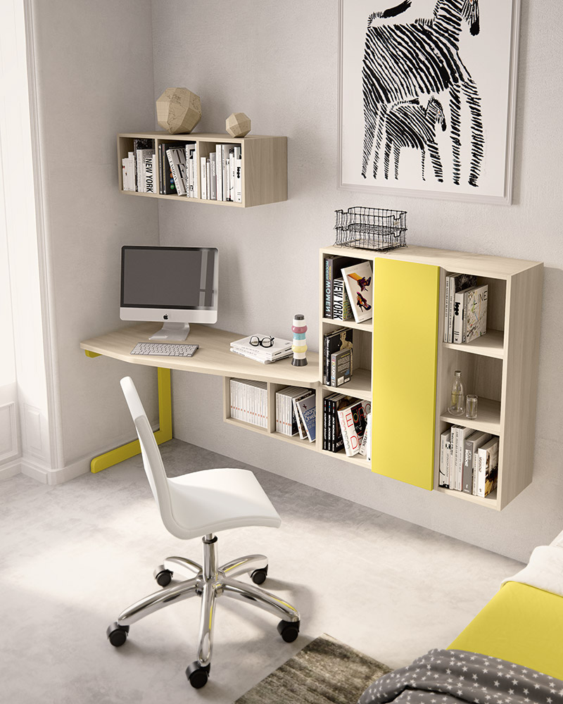 Zona studio con scrivania e libreria in Olmo e Lime