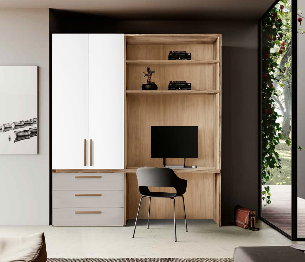 Zona studio per Smart working in Bianco Opaco, Noce Biondo e Grigio Seta