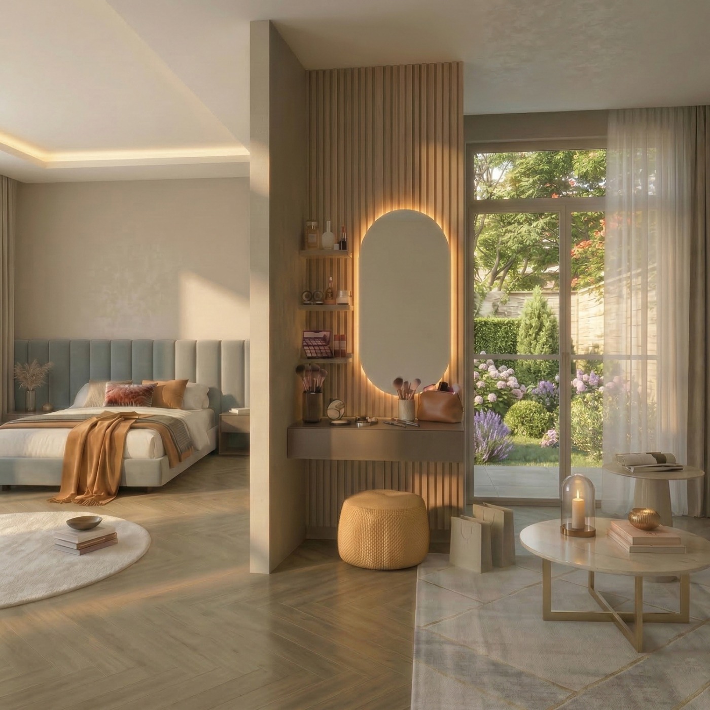 Postazione trucco con boiserie, mensole e cassetto, Cadiz cannettato e Bronzo