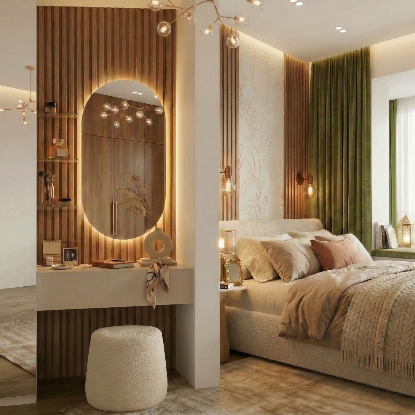 Postazione trucco con boiserie, mensole e cassetto, Noce caramello e Cashmere