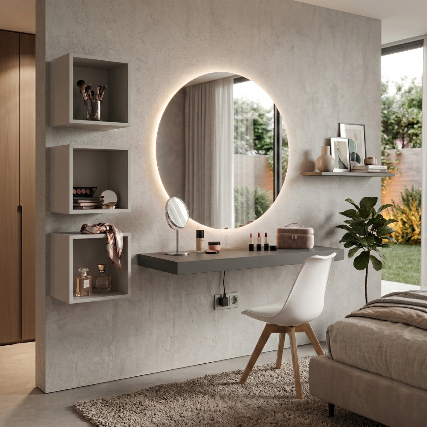 Postazione make up con vani e mensola, Grigio scuro e chiaro