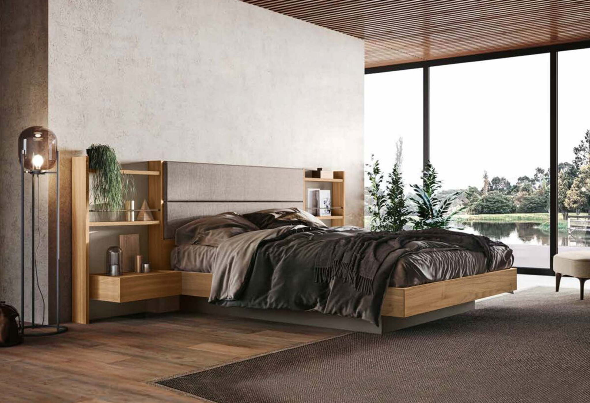 letto sospeso con comodini integrati