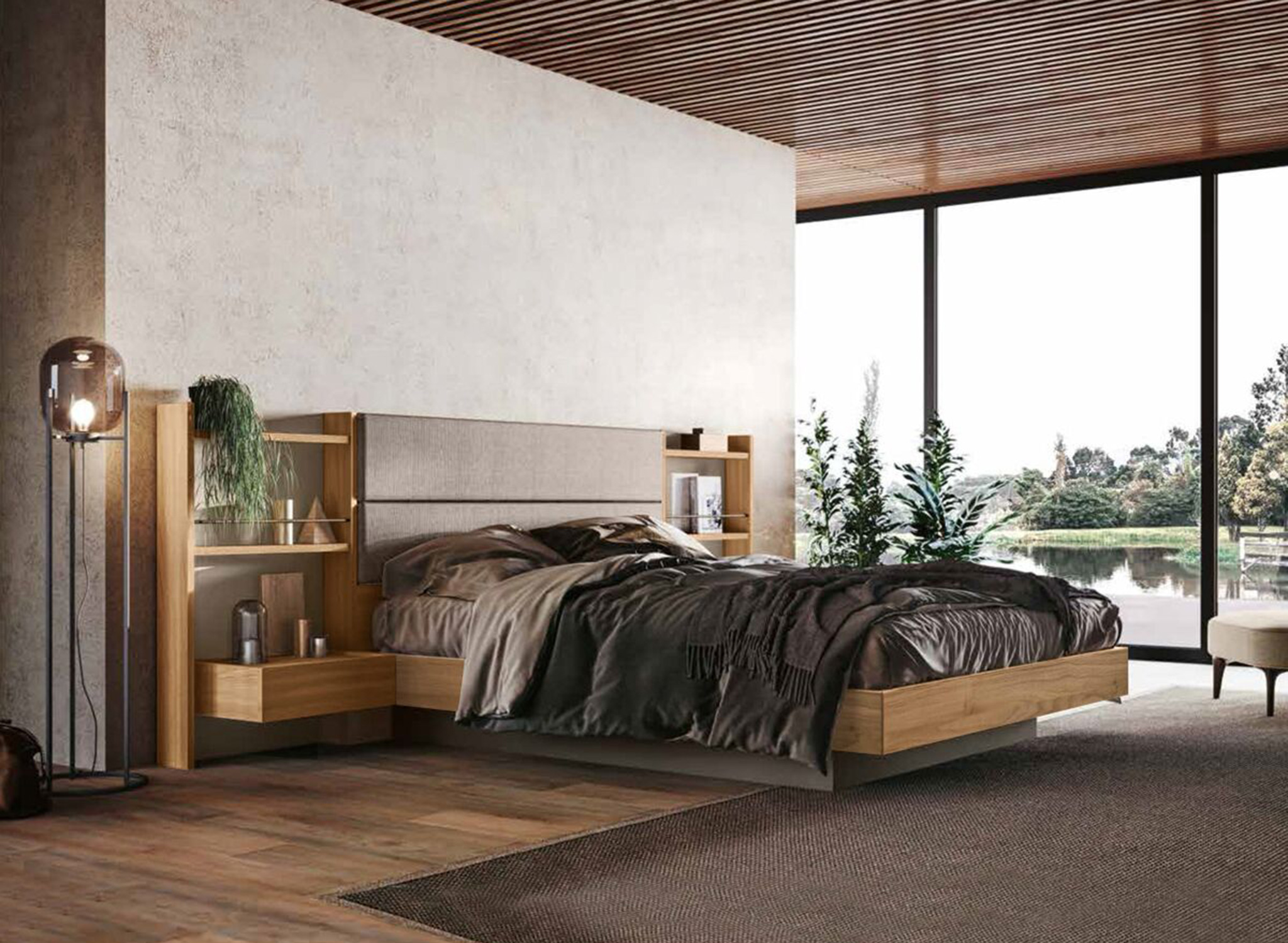 letto sospeso con comodini integrati