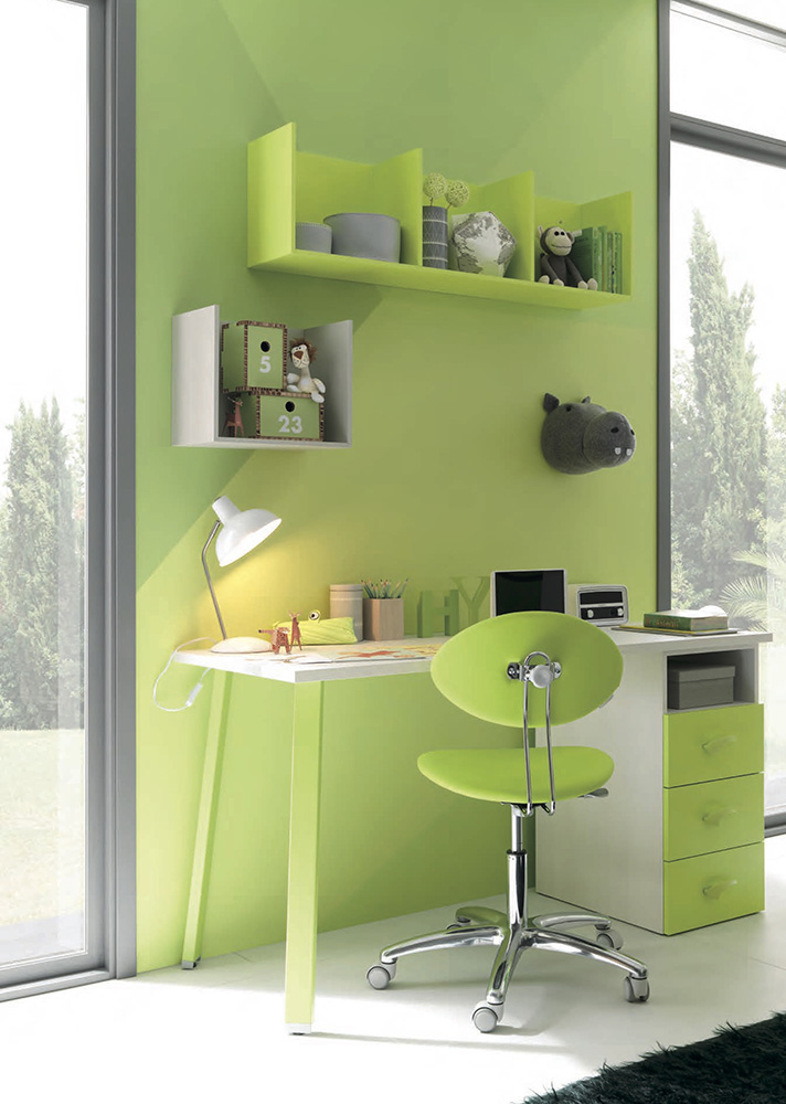 Scrivania bambini con cassettiera in finitura Betulla e Verde cedro